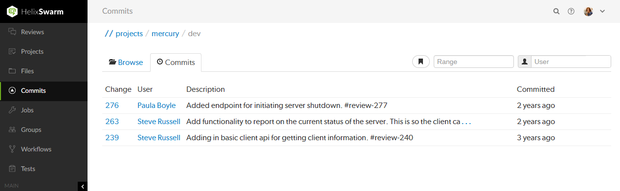 The Commits page for a specific depot location Image of a Commits page showing a specific depot location