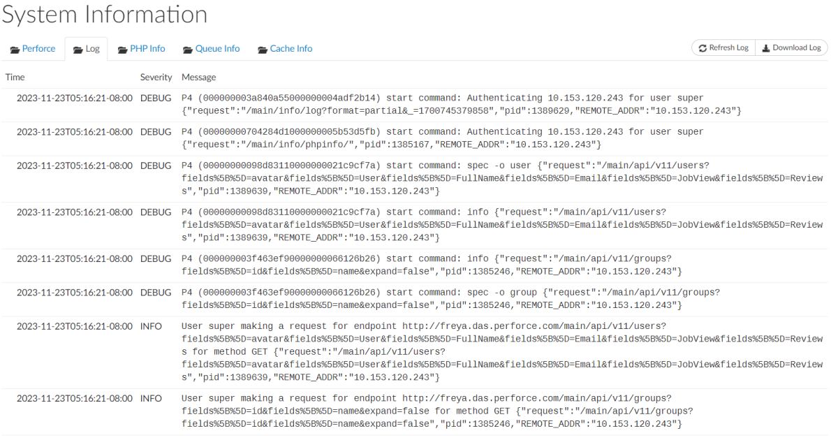 System information, Log tab Image of the Log tab