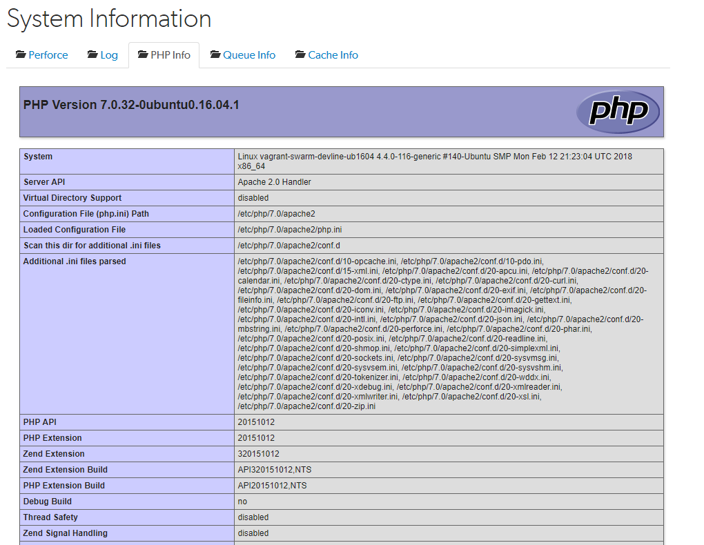 System Information, PHP Info tab PHP Info tab